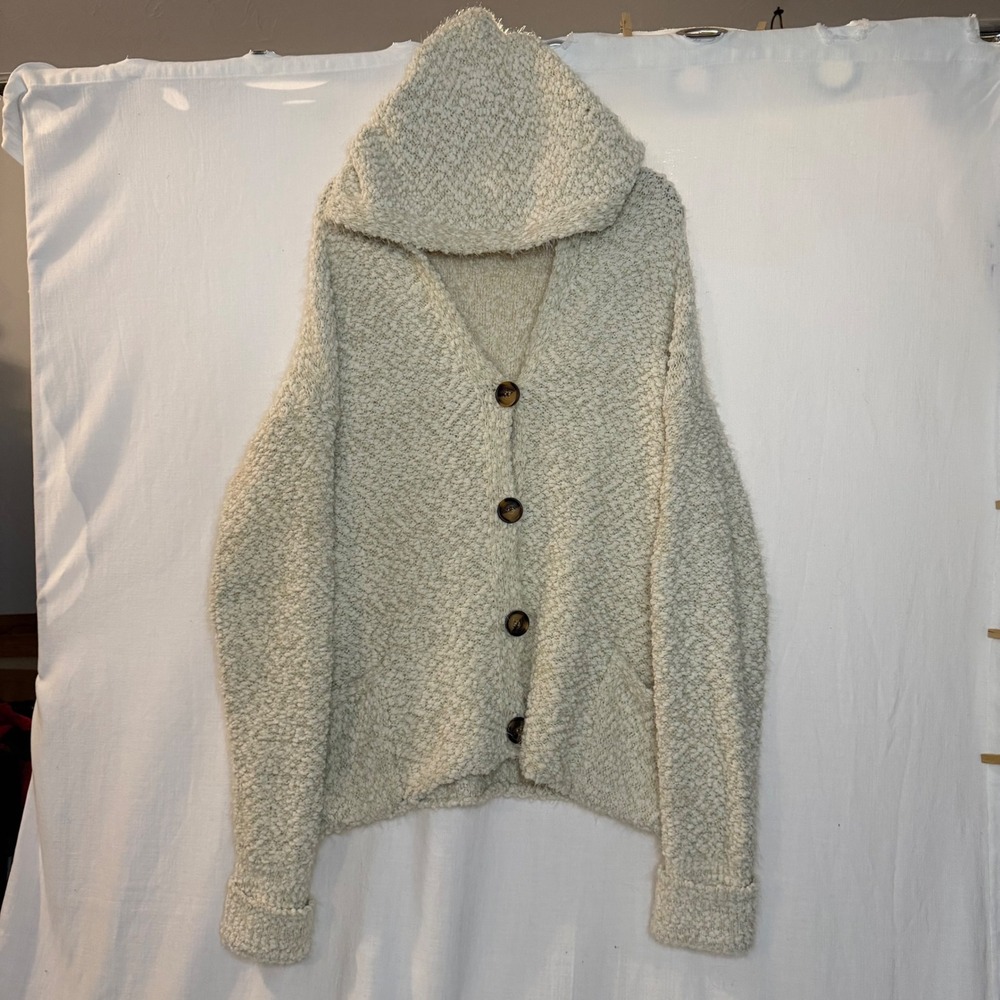 POL Clothing Cream Popcorn Knit Hooded Cardigan Sweater Oversized Beige Large